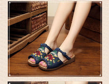 Load image into Gallery viewer, Ethnic Style Wedge with Non-slip Fish Mouth Type Embroidered Sandals and Slippers