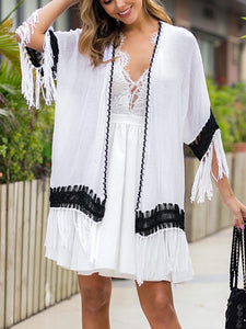Black and White Crochet Patchwork Loose Fringed Cardigan