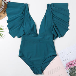Sexy Solid Color Ruffled One-Piece Swimsuit