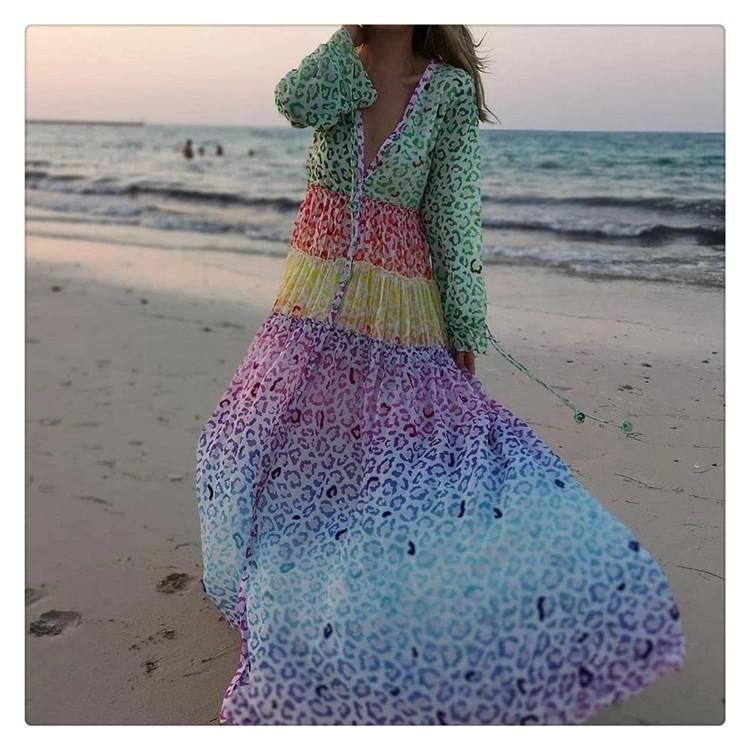 Stylish V-neck Long-sleeved Print Beach Dress
