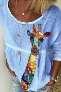 Summer Women Cotton Fawn Print Casual Loose Five-point Sleeve T-shirt