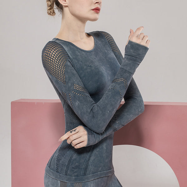 Solid Color Seamless Washing Sports and Leisure Long-sleeved Shirt Openwork Tight Printed Yoga Clothes Top