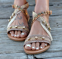 Load image into Gallery viewer, Boho Metal Decoration Flat Bottom Hollowed Casual Plus Size Beach Sandals Shoes