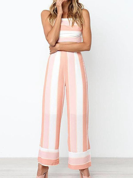 Pink Stripe Tops Wide Leg Pants Sets