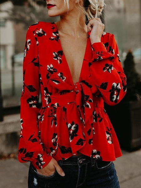 Print Deep V Neck Long Sleeve Belted Top Blouse