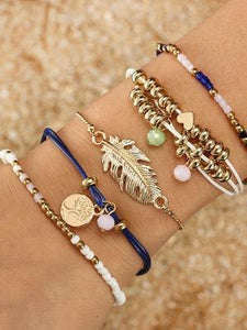 Ethnic Style Creative Alloy Rice Beads Love Leaves Feathers Multi-Layer Bracelet Cord Woven Bracelet Set Of 5