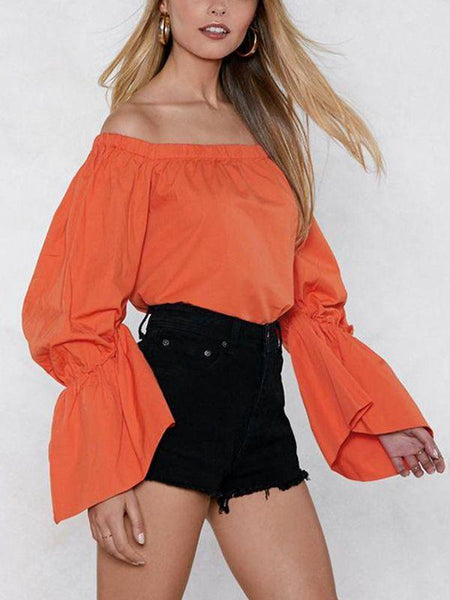 Bohemian Off-The-Shoulder Lantern Sleeves Solid Color Top