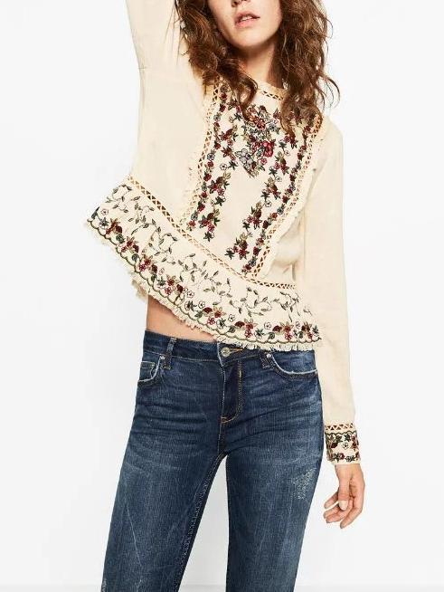 Embroidery Long Sleeve Casual T Shirt Blouse