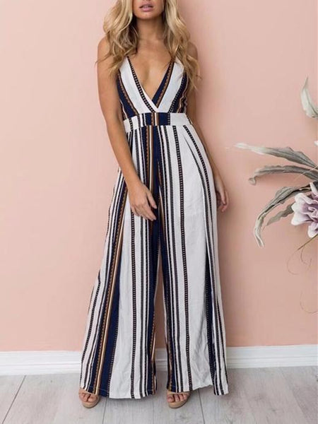 Spaghetti Strap Stripe Wide Leg Pants Jumpsuit