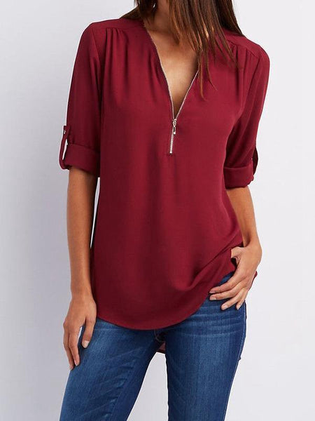 Solid Color V Neck Summer T Shirt Blouse