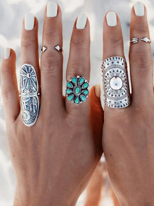 Gypsy Bohemian Wide Edition Retro Carved Truffle Cactus Sun Moon Geometry Ring