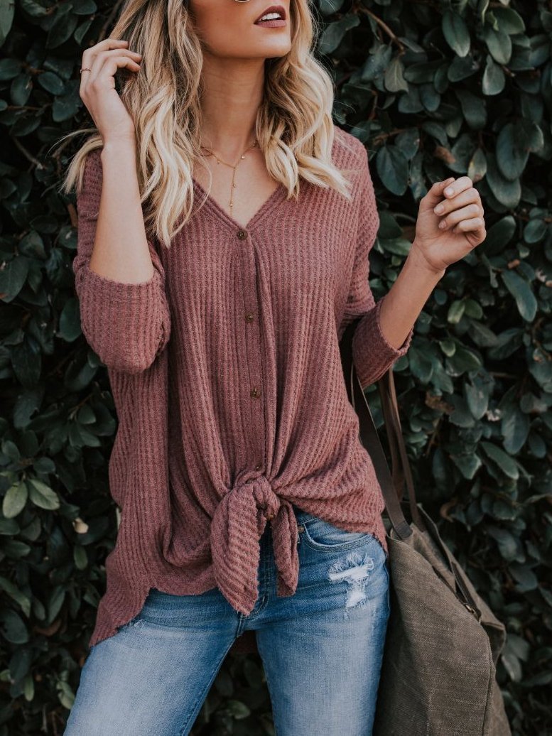 Knit V Neck Long Sleeve Solid Color Top Blouse