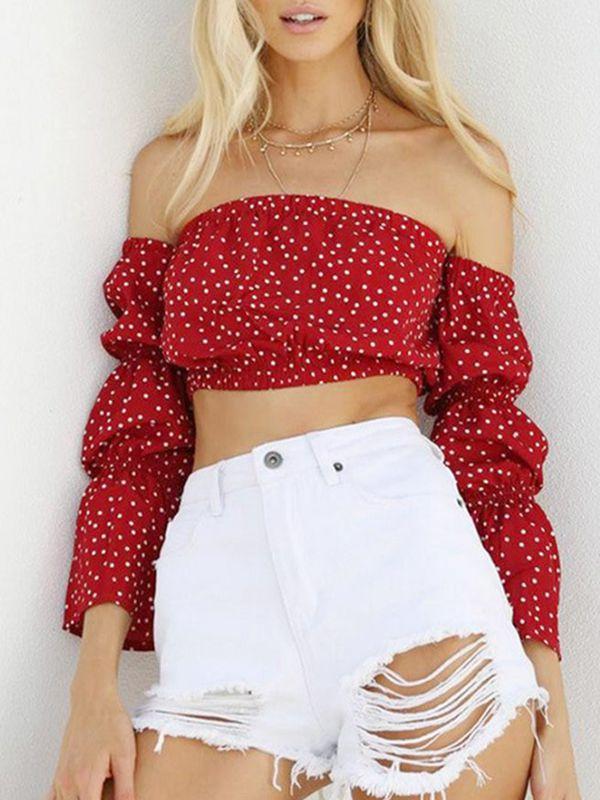 Off-The-Shoulder Flare Sleeves Dot Slim Top