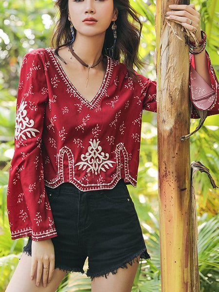 Autumn Ethnic Style Bohemian Embroidery V-Neck Long Sleeve Loose Chiffon Top