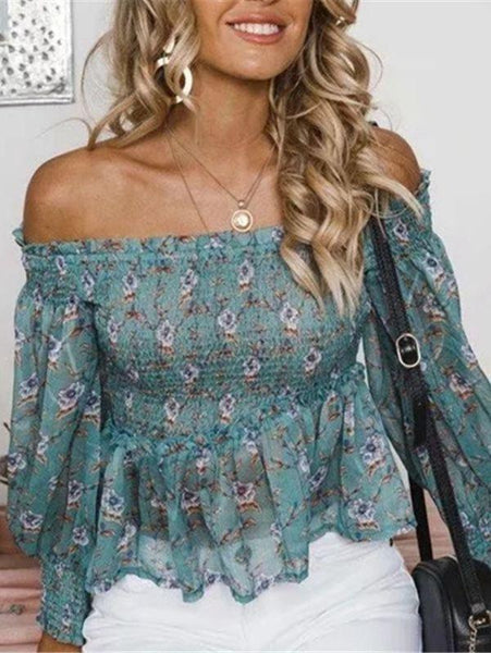 Off-The-Shoulder Print Elastic Long-Sleeved Top