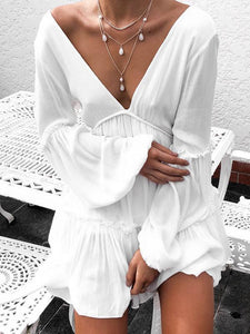 White Long Sleeve V Neck Beach Mini Dress