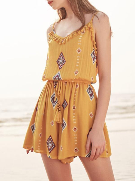 Print Spaghetti Strap Tassel Bohemia Rompers