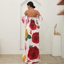 Load image into Gallery viewer, White Rose Floral Strapless Off Shoulder Sleeve Big Hem Long Dress