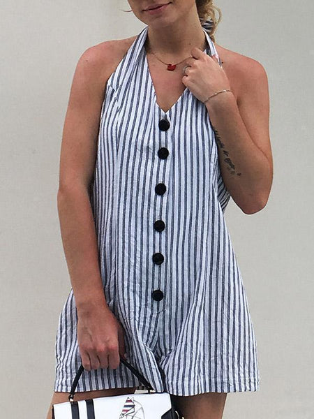 Stripe Button Halter Beach Rompers