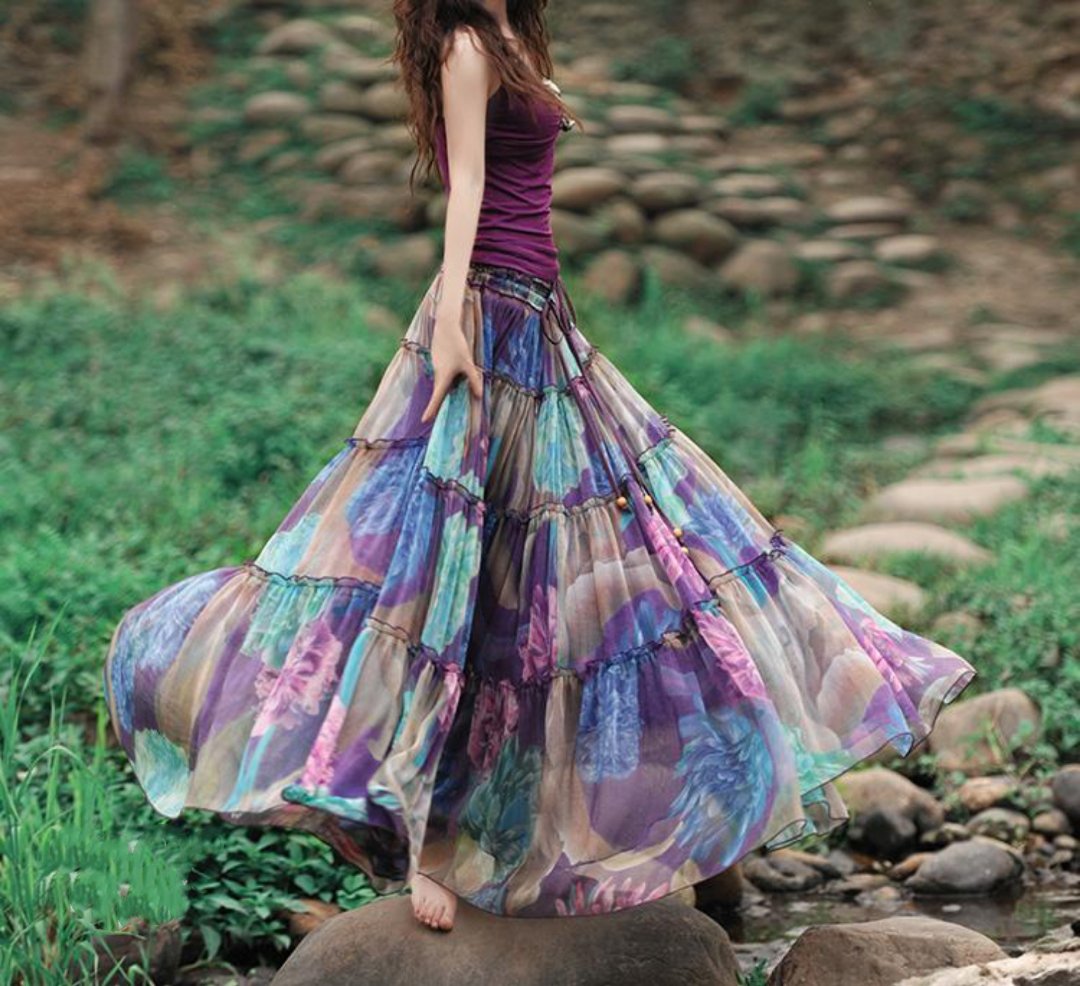 Bohemian Floral Printed Mid-Calf Pleated Chiffon Skirt – bydudecom