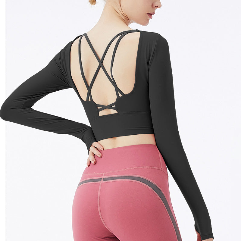 New style beautiful suspenders chest pad backless yoga wear long-sleeved sports women's nude fitness short top