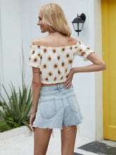 Load image into Gallery viewer, short-sleeved blouse with a sunflower print on the side of the shoulder and navel