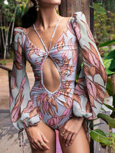 Load image into Gallery viewer, Sexy gathered one-piece printed bikini swimsuit women&#39;s long-sleeved swimsuit women&#39;s swimsuit