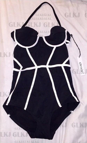Classic Black&White Plus Size Swimwear One Piece Swimsuit Women Summer Beach Vintage Retro High Waist Bathing Suit Swim Dress Beachwear Black