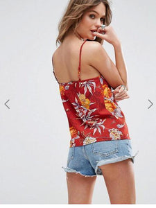 Spaghetti Neck Red Floral-Print Vest T-Shirt Tops
