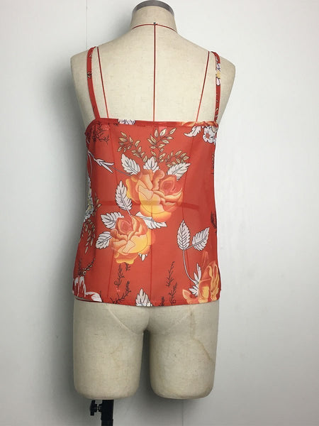 Spaghetti Neck Red Floral-Print Vest T-Shirt Tops