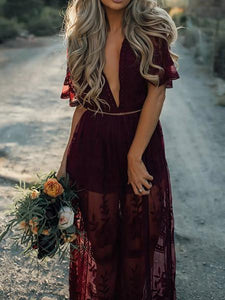 Pretty Sexy Lace Solid Color Short Sleeve Deep V Neck Side Split Maxi Dress