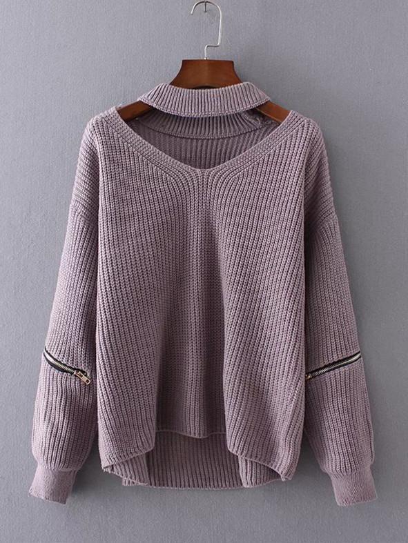 Solid Color V-neck Split Joint Zipper Sweater
