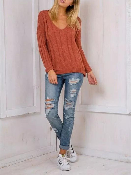 Knit Hollow BacklessLong Sleeve V-neck Sweater