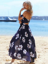 Load image into Gallery viewer, Blue Floral Off-the-shoulder Split-front Bohemia Maxi Dress