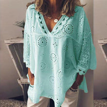 Load image into Gallery viewer, Summer Hot Women Half Sleeve Cotton Hollow-Out Lace Patchwork Shirt