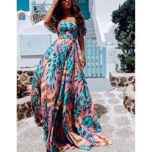 Women Summer Long Maxi Dress Boho Floral Print Dresses Off-Shoulder Beach Party Sundress