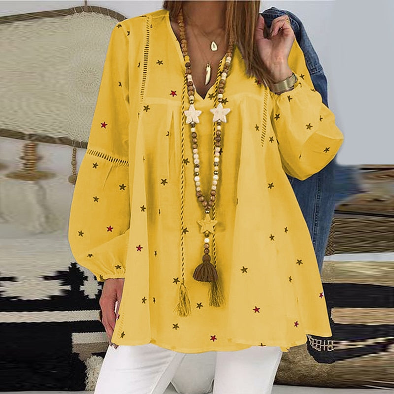 Women White Casual Lantern Long Sleeve Hollow Pentagram Printed Blouse Shirt