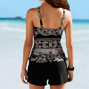 Two Piece Swimwear Women Plus Size Tankini Swimsuits with Shorts V neck Tankinis Set Swim Wear Black Print Bathing Suit 2XL