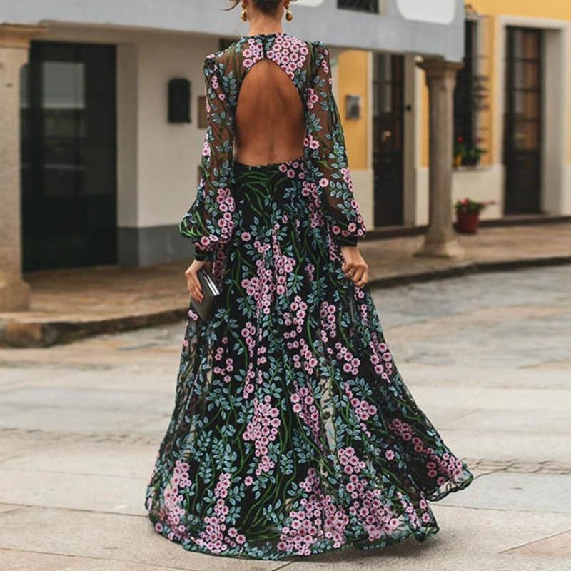 Women Floral Vintage Long Sleeve Backless Long Maxi Dress – bydudecom