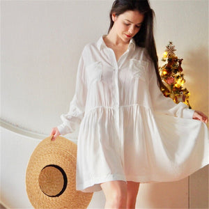 Women Summer Beach Wear White Cotton Tunic Sexy Plunging Neck Front Pocket Short Mini Dress Beach Cover Up