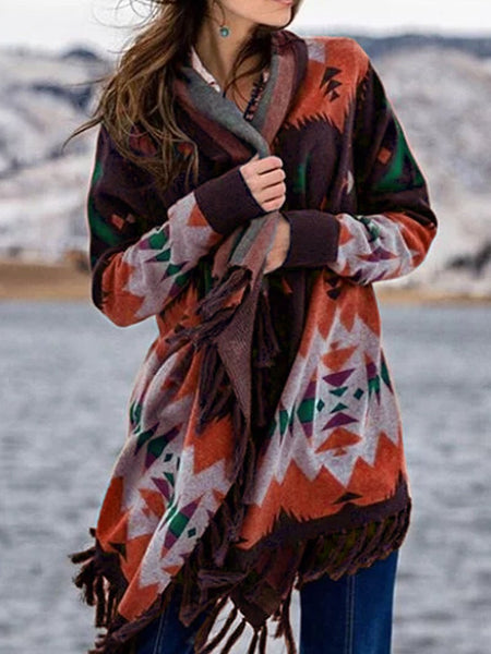 Autumn/winter print fringed fashion casual cardigan jacket