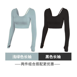 Sports long sleeves with chest pad yoga suit autumn short fitness top female tight back autumn/winter professional suit.