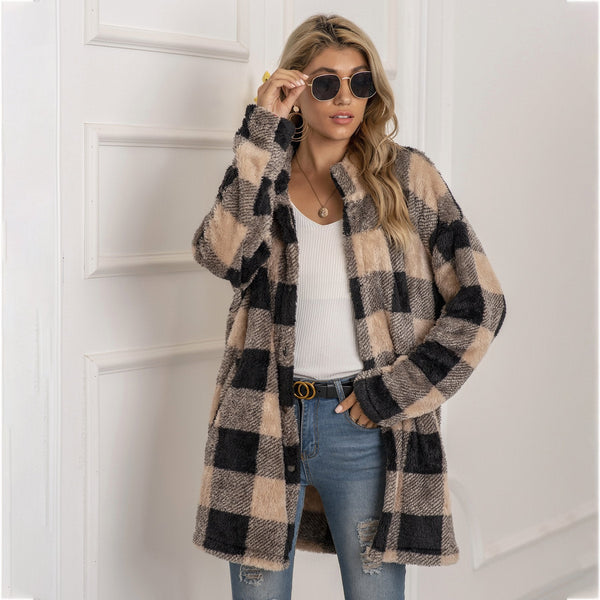 Autumn winter sweater cardigan Amazon hot contrast Plaid long coat