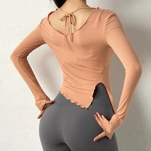 Sexy Slit Hem Sports Top Women Lace Long Sleeve Tight Yoga Wear Running T-shirt Workout Wear