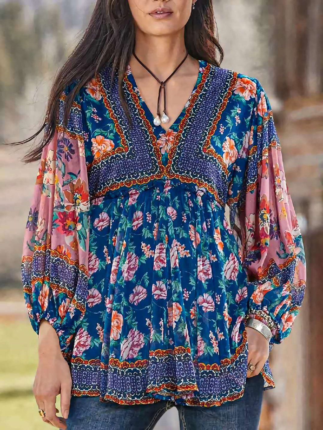 Lantern Sleeve Floral Pullover Top V-Neck Loose Long Sleeve T-Shirt