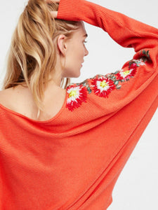 Bohemian national style crew neck flower embroidery thread loose sweater coat