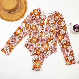 Floral Printed Long Sleeves one-piece swimsuit Wetsuit