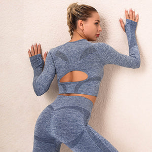 Seamless yoga clothes women's sexy beautiful back long sleeve tops sports running fitness clothes