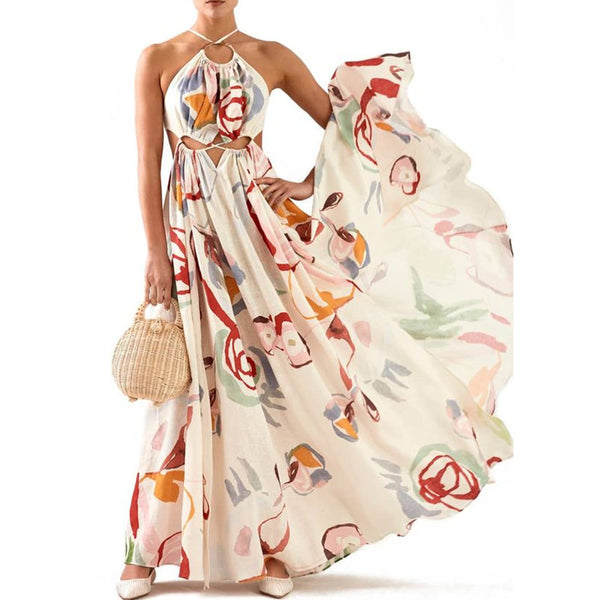 Spring/Summer New Women's Dress iNew Slim Slim Strap Stitching Printed Long Skirt Beach Dress