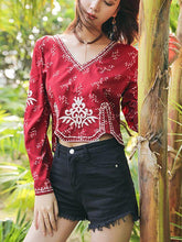 Load image into Gallery viewer, Autumn Ethnic Style Bohemian Embroidery V-Neck Long Sleeve Loose Chiffon Top